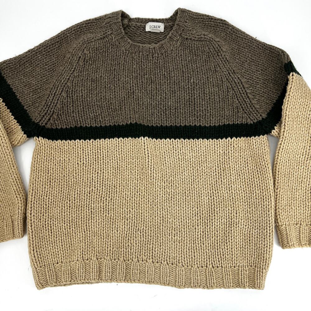 J. Crew Vintage 100% Wool Chunky Knit Sweater Color Block Tan Size XL Preowned